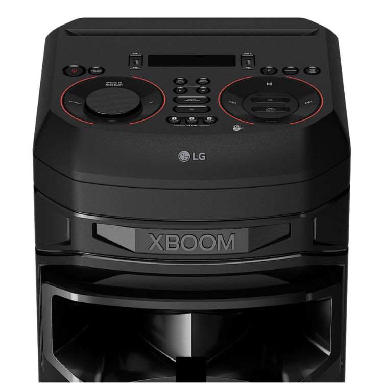 Black LG XBOOM speaker with control panel and red accents.