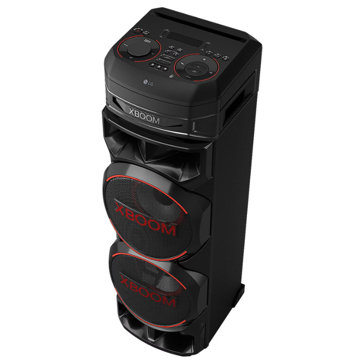 LG XBOOM RNC9 1000W black speaker with red accents.