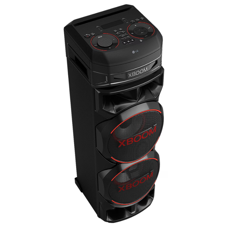 LG XBOOM RNC9 1000W black speaker with red accents.