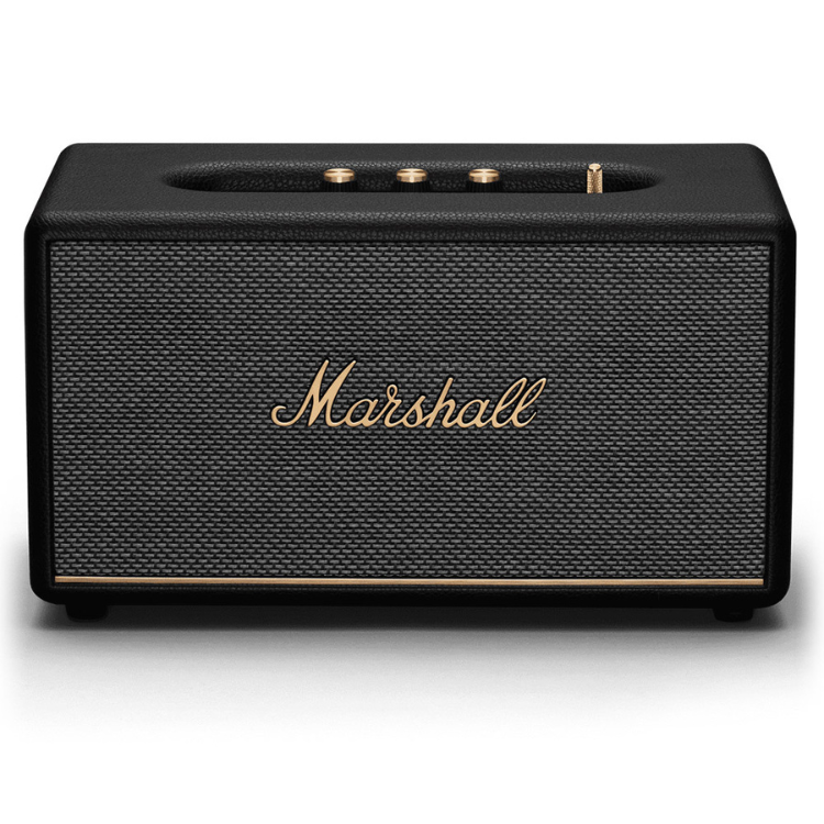 Black Marshall speaker with gold accents and logo.