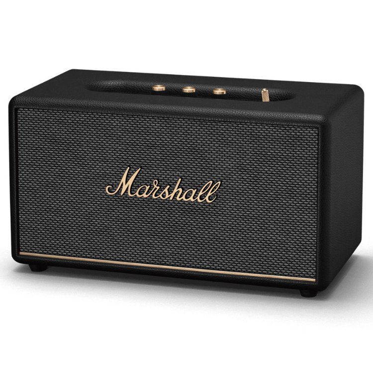 Black Marshall speaker with gold accents and logo.
