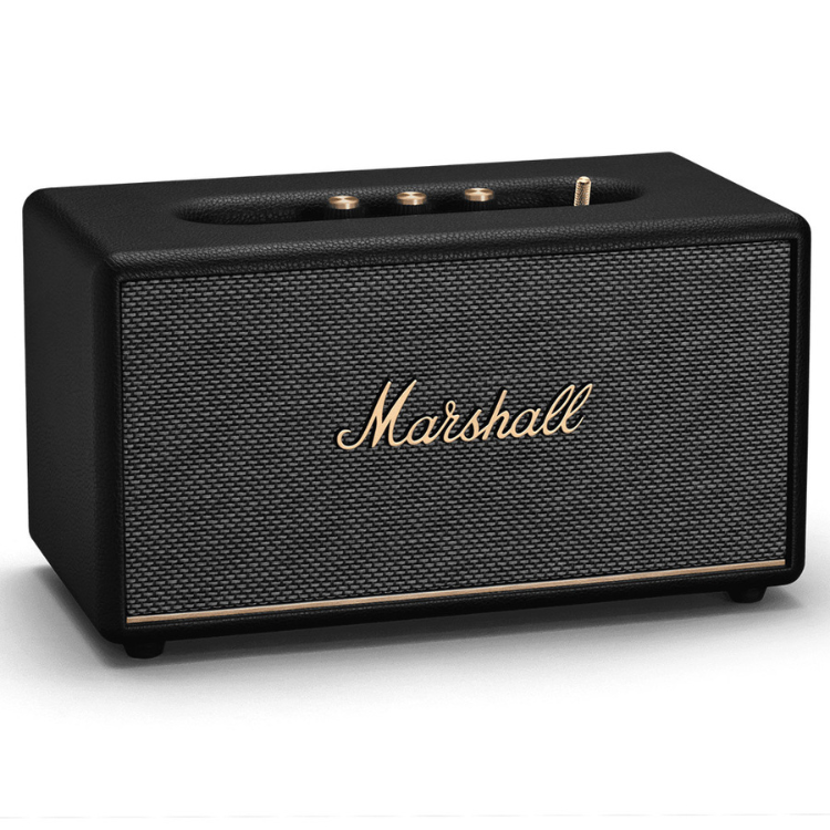 Black Marshall speaker with gold accents and logo.