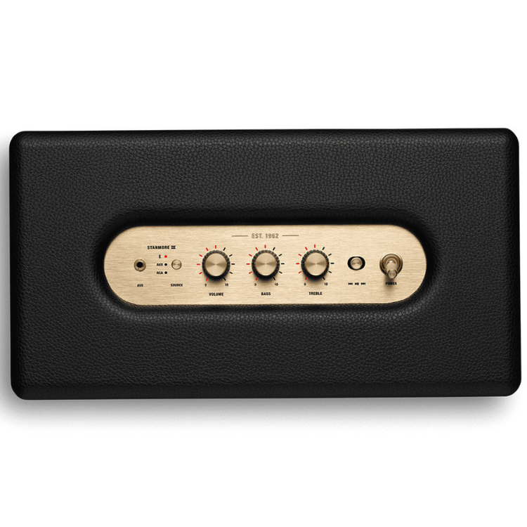 Black Marshall Stanmore III speaker with gold control panel and knobs.