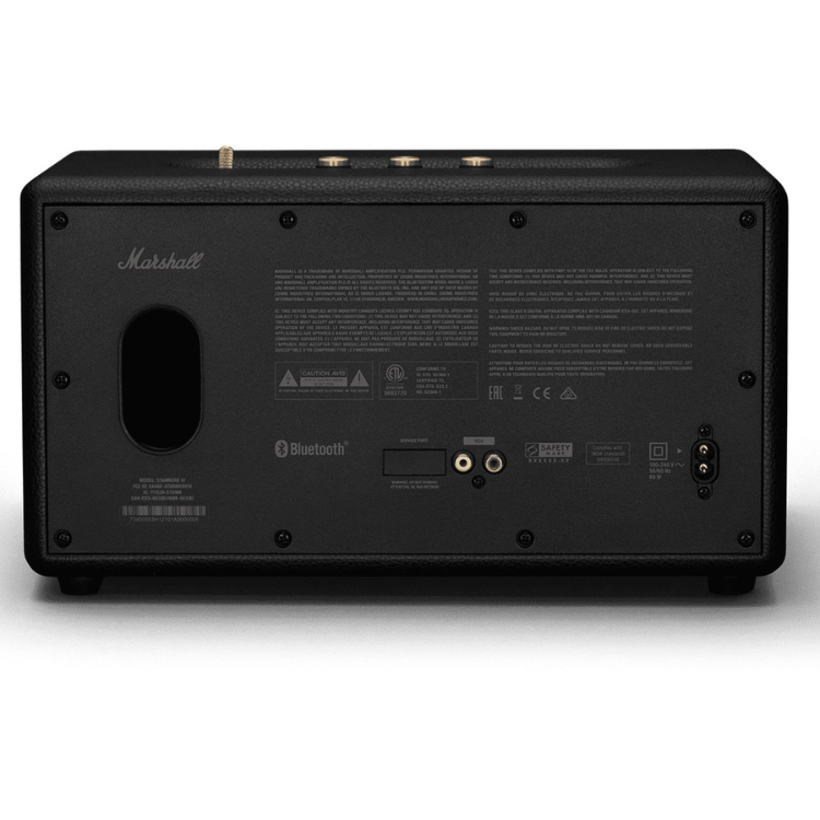 Black Marshall Stanmore III speaker rear view, Bluetooth connectivity, various ports.
