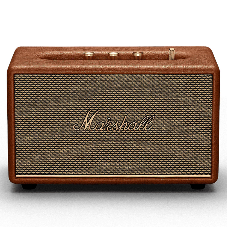 Brown Marshall Stanmore III speaker with gold accents and woven grille.