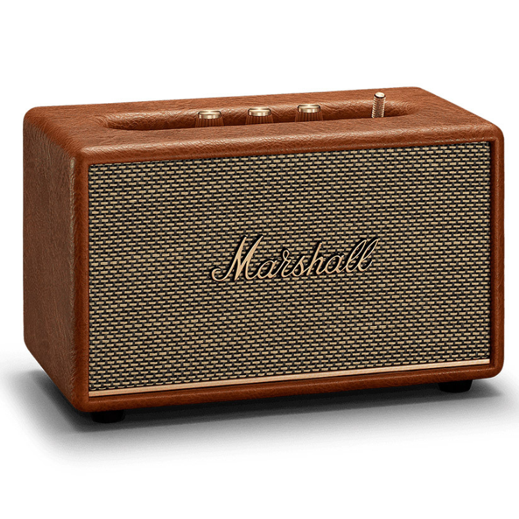 Brown Marshall Stanmore III speaker with gold accents and mesh grille.