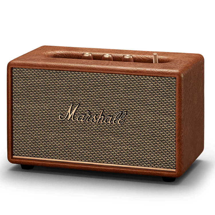Brown Marshall Stanmore III speaker with gold accents and woven grille.