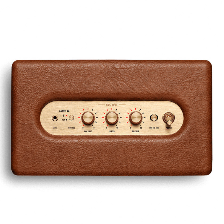 Brown leather Marshall Stanmore III speaker with cream control panel and knobs.