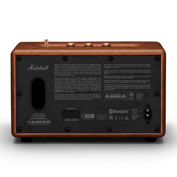 Marshall Stanmore III brown speaker rear view, black panel with white text and logos, Bluetooth, brown wood grain edges.