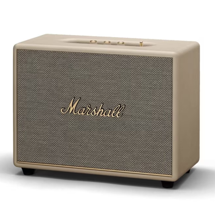 Marshall Woburn III Bluetooth speaker, cream color, gold logo and accents.