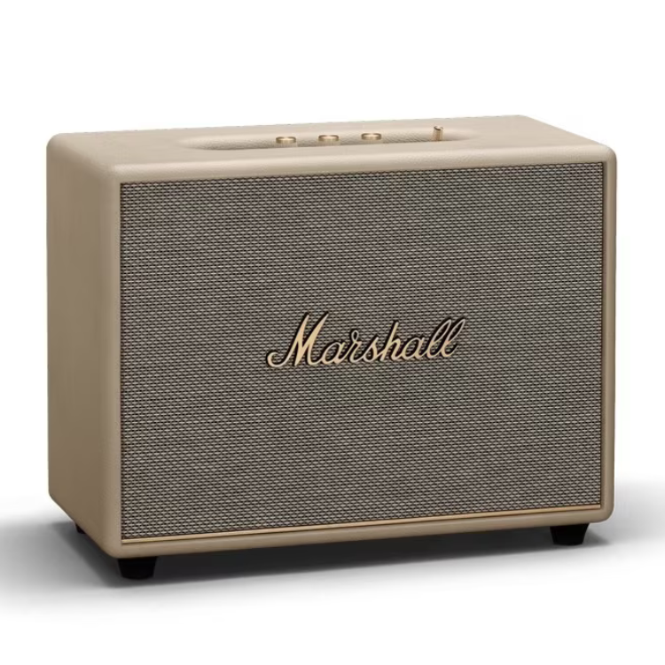Marshall Woburn III Bluetooth speaker, cream color, gold logo and accents.