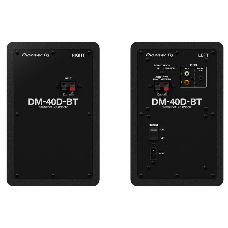 Pioneer DJ DM-40D-BT active monitor speakers, 2 black units, rear view, inputs and controls visible.