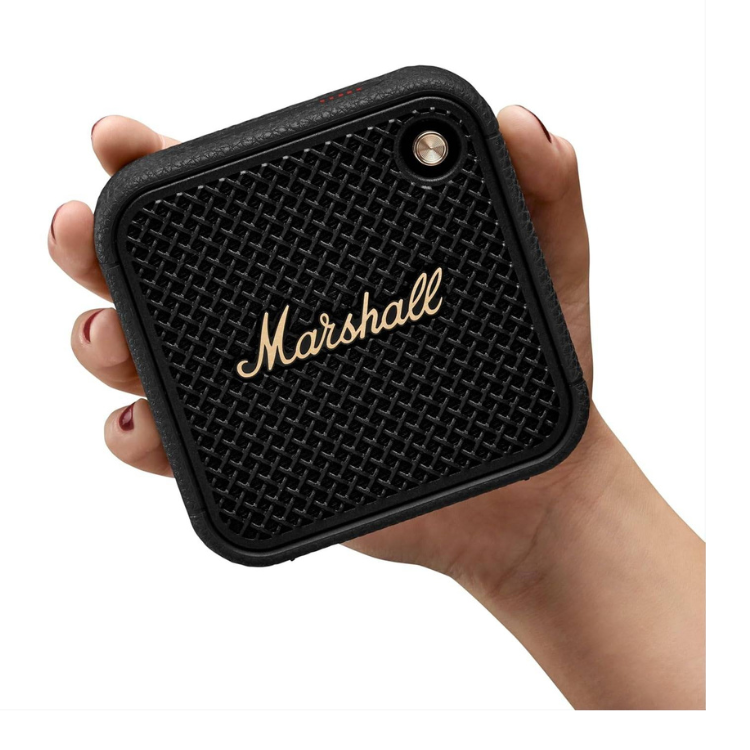 Black portable Marshall Willen II speaker with gold logo and brass accents.