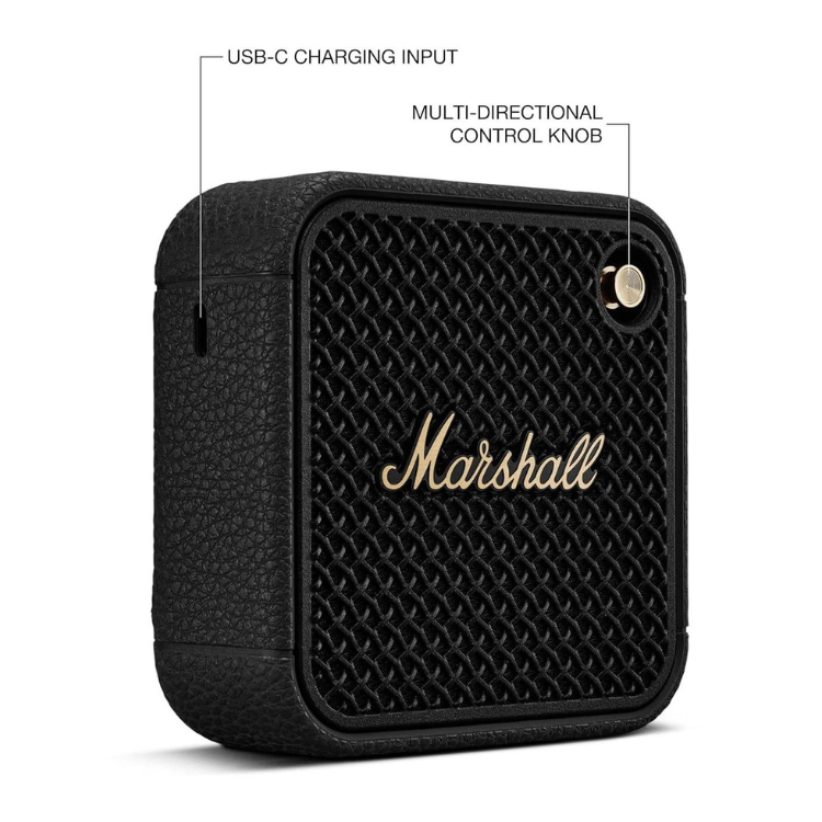 Marshall Willen II portable speaker, black with brass accents and logo.