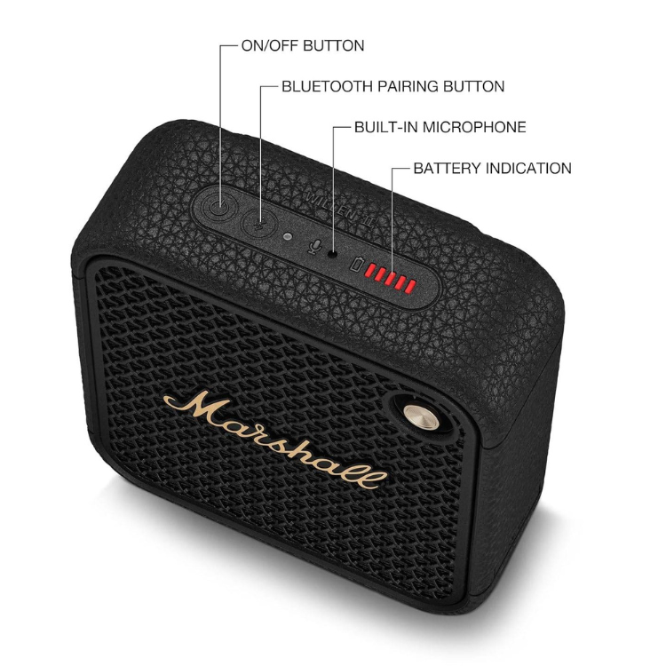 Black Marshall Willen II portable speaker with gold accents and red battery indicators.