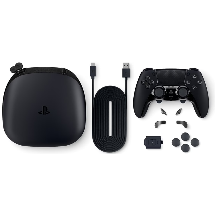 Sony PS5 DualSense Edge controller, black, with case, cable, and accessories.