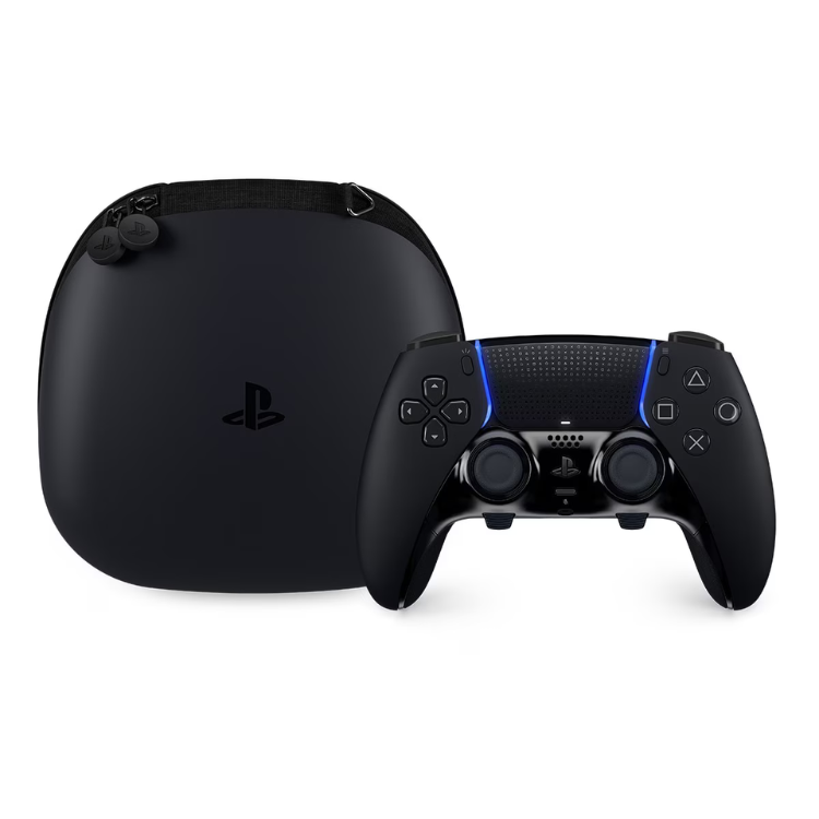 Sony PS5 DualSense Edge controller, black, with carrying case.