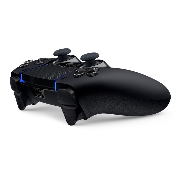 Black Sony PS5 DualSense Edge wireless controller with blue accents.
