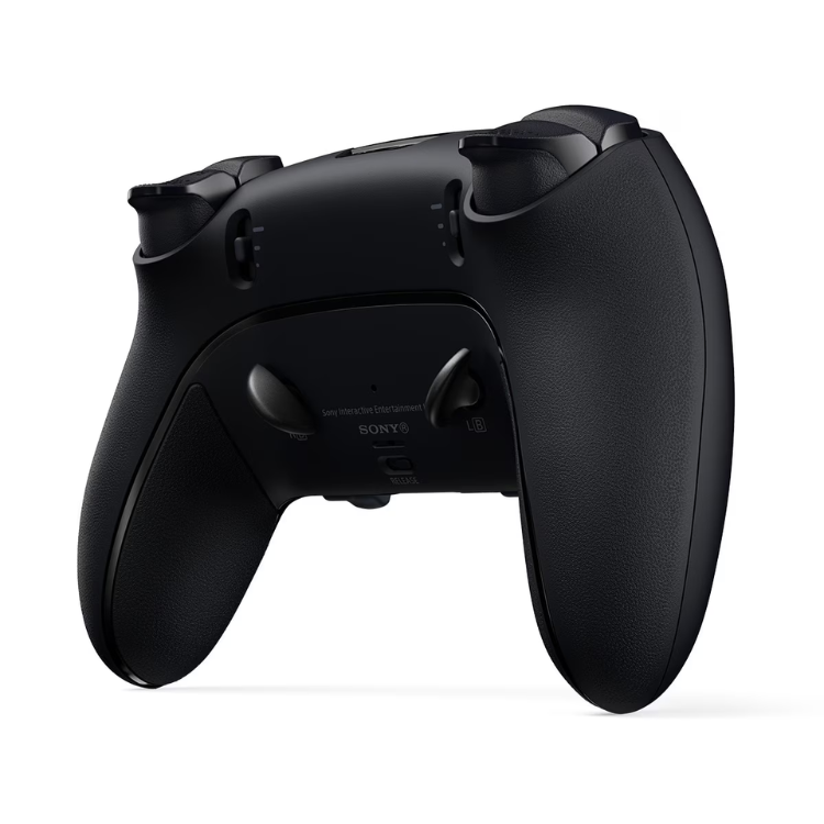 Black Sony PS5 DualSense Edge wireless controller, angled view showing textured grip and SONY logo.
