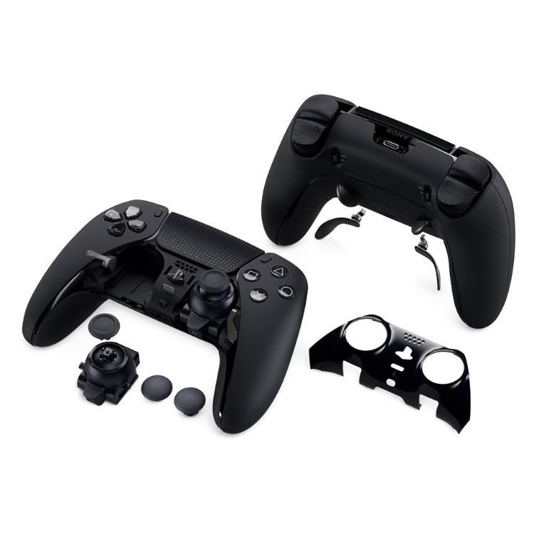 Sony PS5 DualSense Edge controller, black, with interchangeable parts.