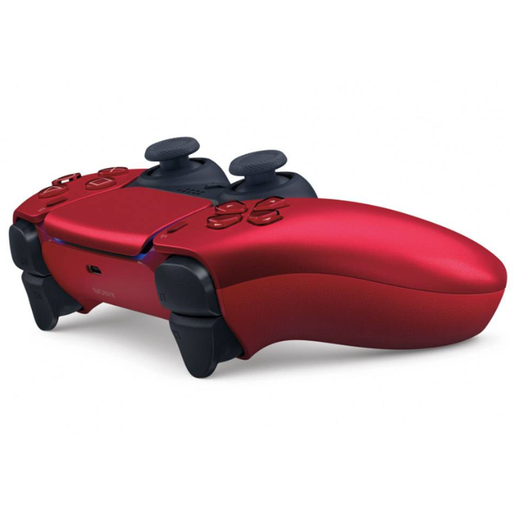 Sony PS5 DualSense wireless controller, red, black accents, angled view.