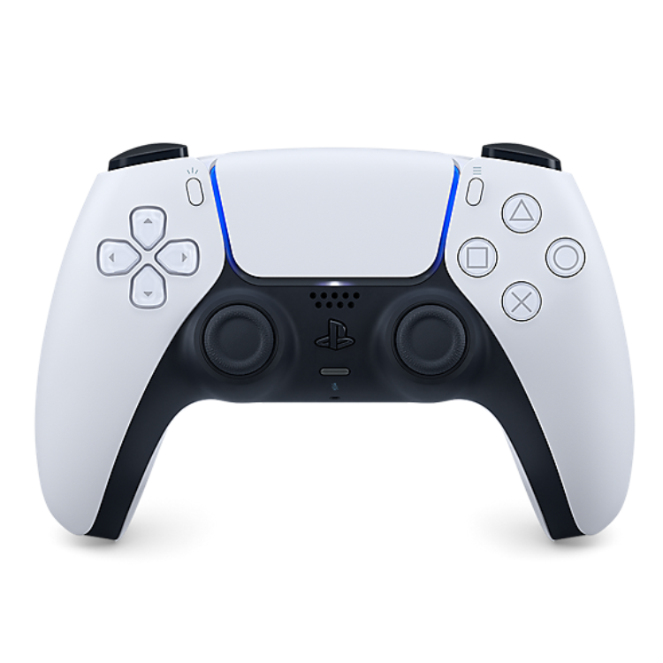 Sony PS5 DualSense Wireless Controller, white, front view.