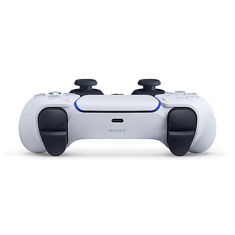 White Sony PS5 DualSense wireless controller, back view, black grips and joysticks.