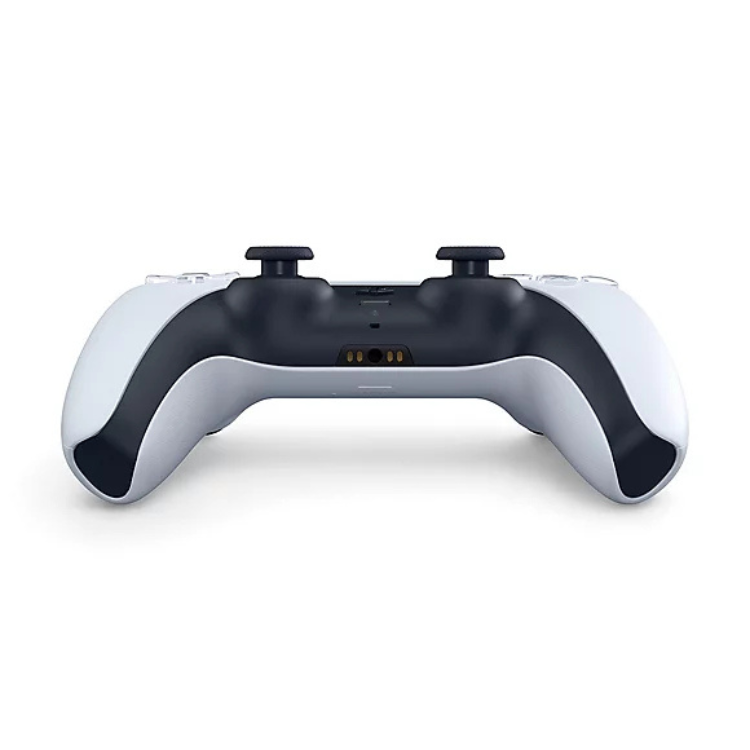 Sony PS5 DualSense Wireless Controller V2, white, rear view showing ports and joysticks.