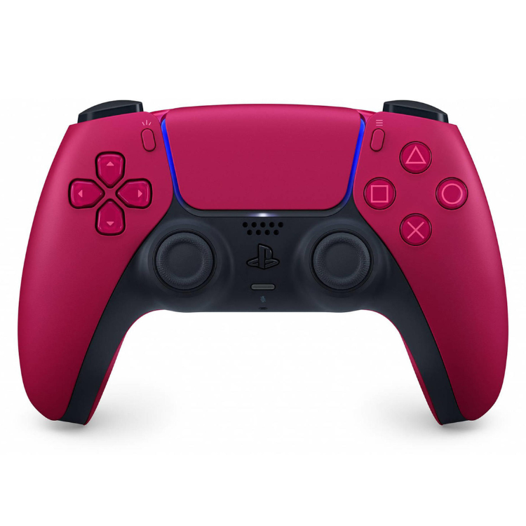 Sony PS5 DualSense Cosmic Red wireless controller, pink and black gamepad.