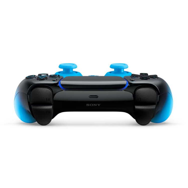Sony PS5 DualSense wireless controller, black with blue accents, back view.