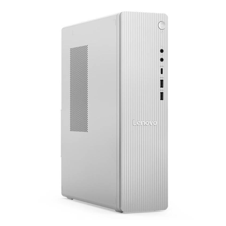 Lenovo IdeaCentre Tower 08IRH9, grey desktop computer with ports and Lenovo logo.