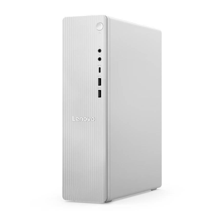 Lenovo IdeaCentre Tower 08IRH9, grey desktop computer, front view angled right.