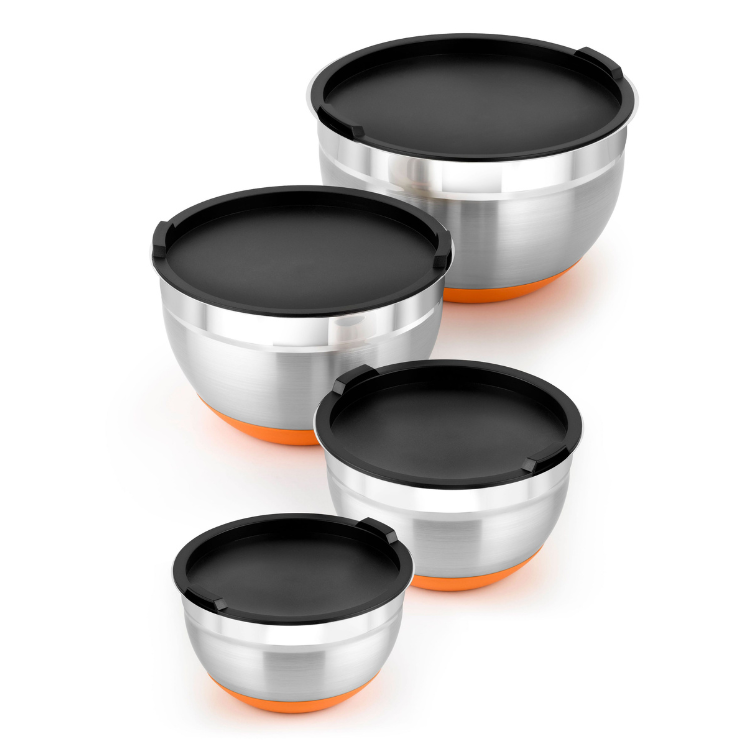 Stainless steel bowl set with 4 pieces, black lids, orange bases.