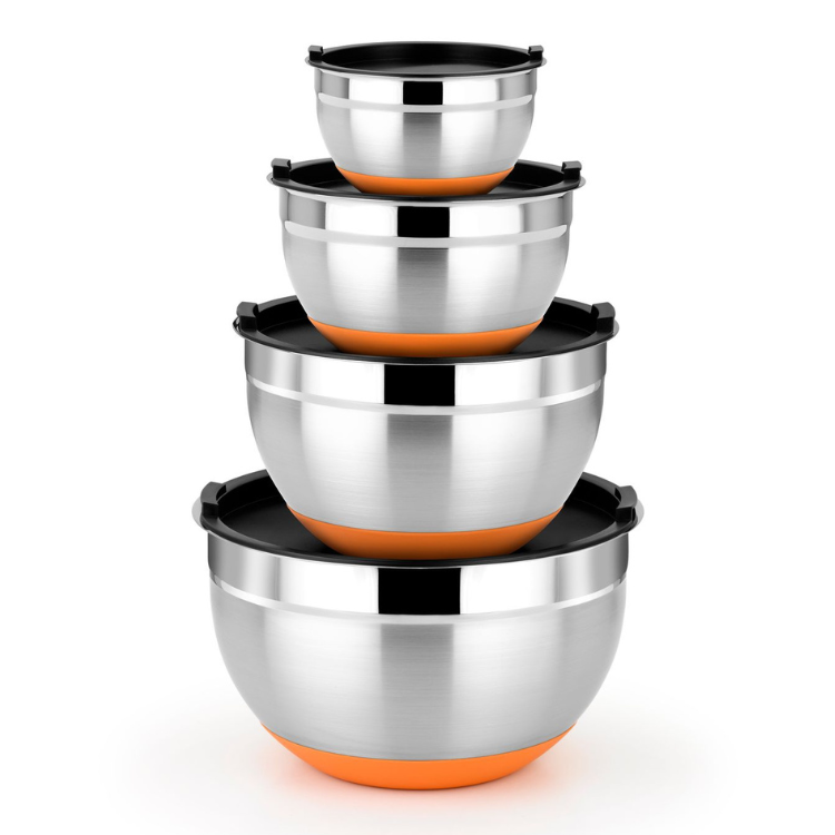 Stainless steel bowl set, 4 pieces, with orange and black bases, stacked.