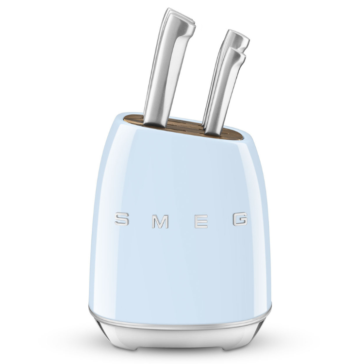 SMEG light blue knife block with 2 knives, Anni 50 style, 6-piece set.