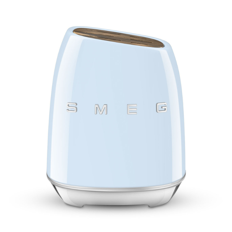 SMEG light blue knife block with 6 knives, shiny finish.