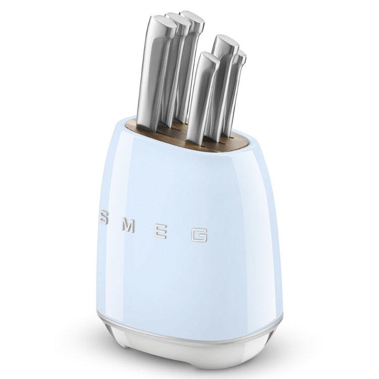 SMEG light blue knife block with 6 stainless steel knives.