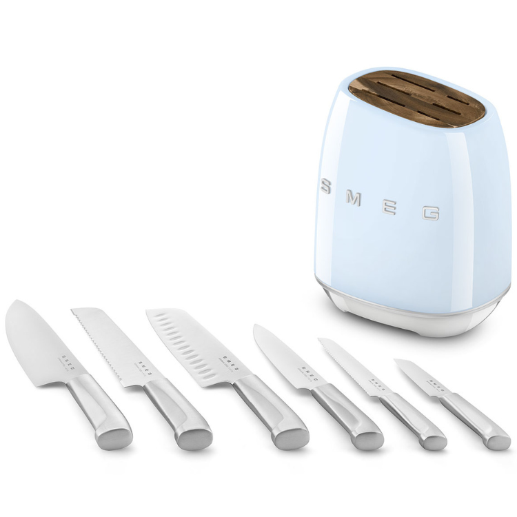 SMEG Anni 50 blue knife block set with 6 silver knives.