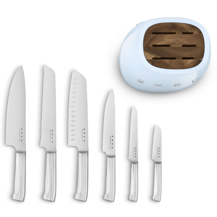 SMEG Anni 50 blue knife set with 6 knives and block.