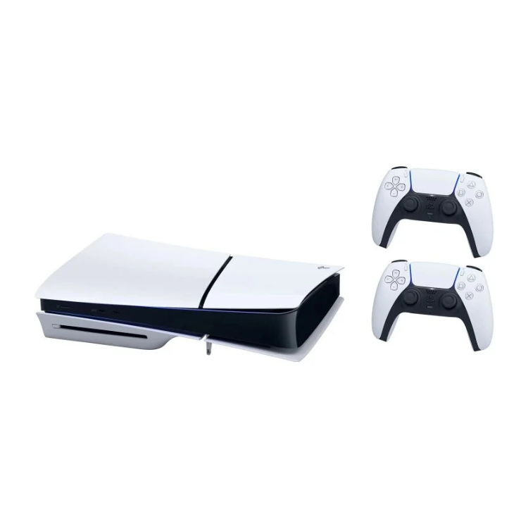 Sony PlayStation 5 Slim Standard Edition 1TB console with two white DualSense controllers.