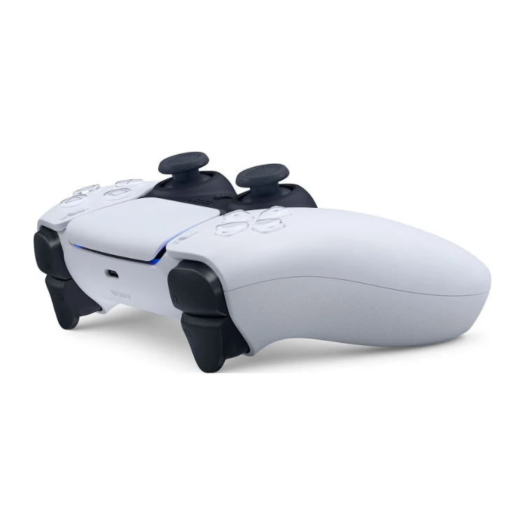 Sony PlayStation 5 DualSense controller, white with black accents and blue light.
