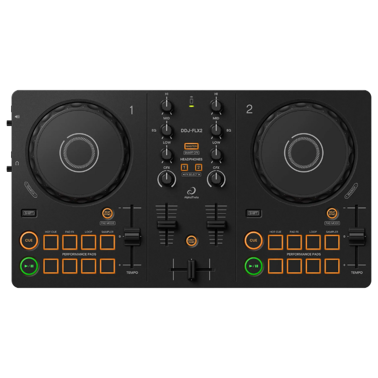 Black Alphatheta DDJ-FLX2 DJ controller, 2 channels, with jog wheels and performance pads.
