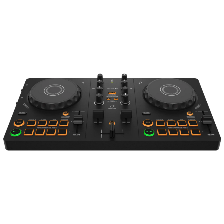 Black Alphatheta DDJ-FLX2 DJ controller, 2-channel, with black jog wheels and orange accents.