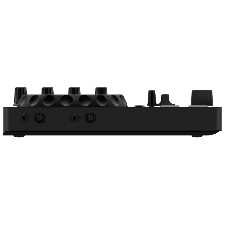 Black 2-channel DJ controller, Alphatheta DDJ-FLX2, with knobs and buttons on a white background.