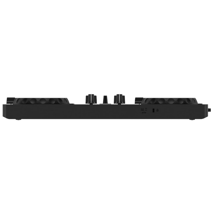 Black 2-channel Alphatheta DDJ-FLX2 DJ controller, top view, with knobs and pads.