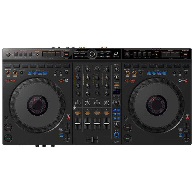 Black 4-channel DJ controller, Alphatheta DDJ-GRV6, with various buttons, knobs, and jog wheels on a white background.