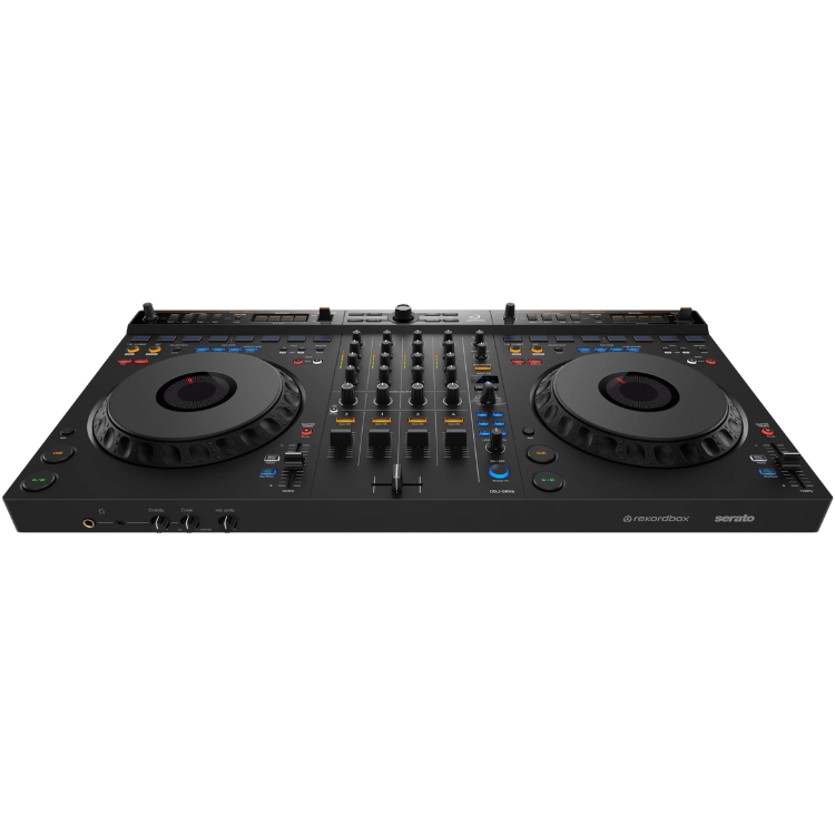 Black 4-channel DJ controller, Alphatheta DDJ-GRV6, with jog wheels and colorful buttons.