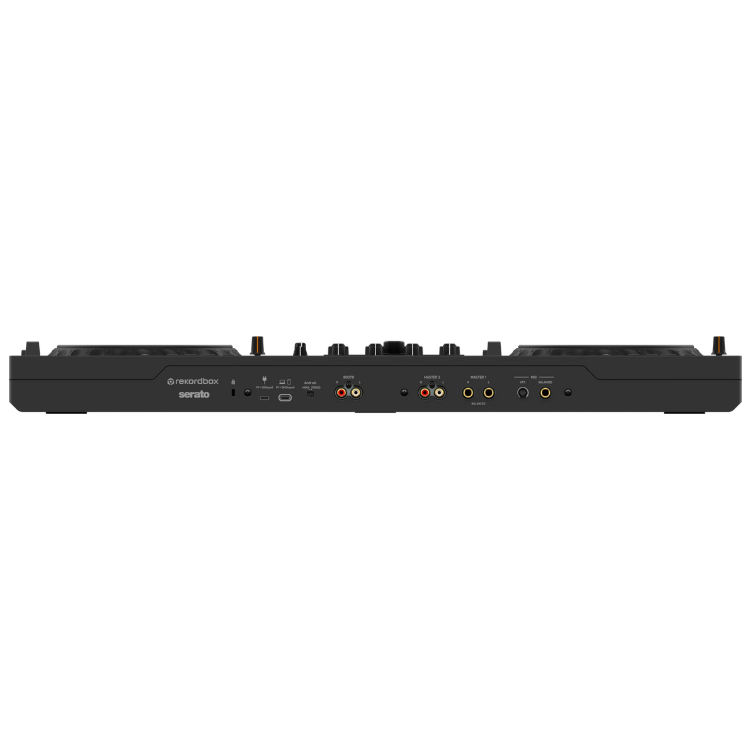 Black 4-channel DJ controller, rear view showing various ports and inputs, Alphatheta DDJ-GRV6.