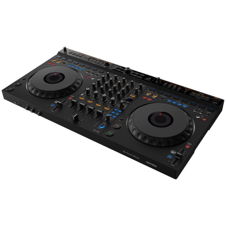 Black Pioneer DJ DDJ-GRV6 controller, 4 channels, Serato logo, various colored buttons and knobs.
