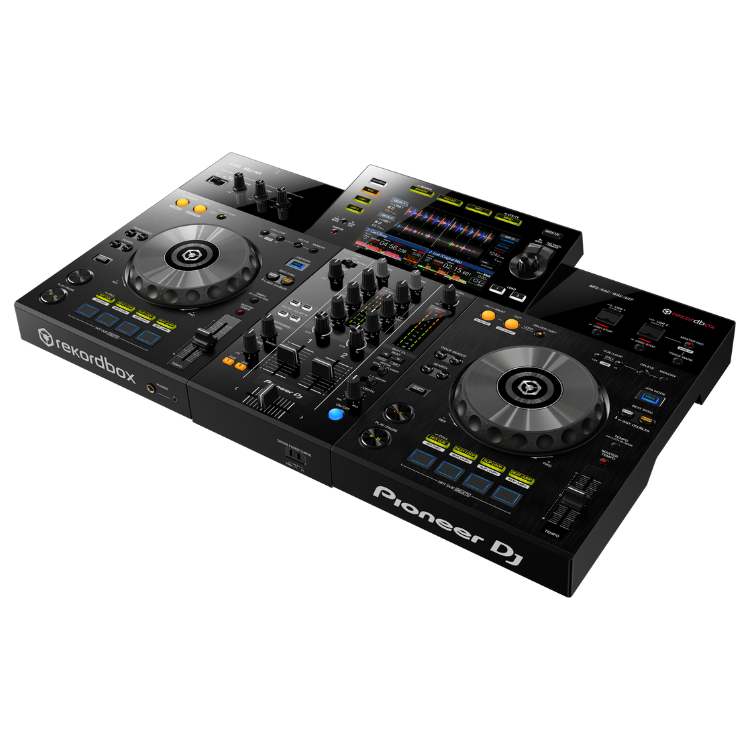 Pioneer DJ XDJ-RR controller, 2-channel all-in-one DJ system, black, with 7-inch screen and Rekordbox logo.